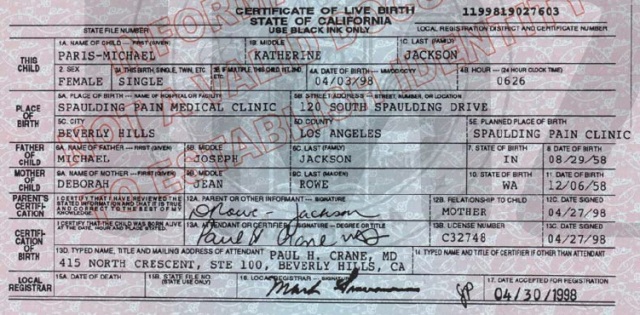 Birth certificate of Michael Jackson's daughter