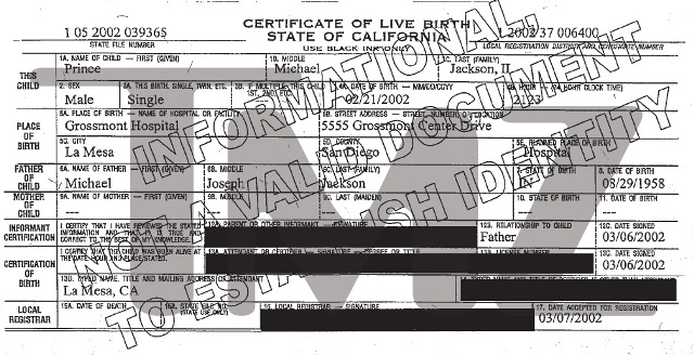 Birth certificate of Michael Jackson's youngest son